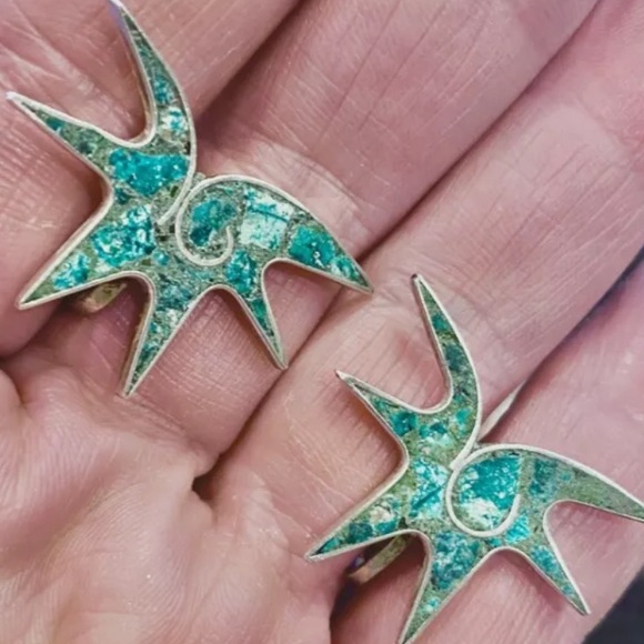 Taxco Signed BETO Sterling Silver and Stone Dancing Star Earrings Screw back VTG - Picture 1 of 6